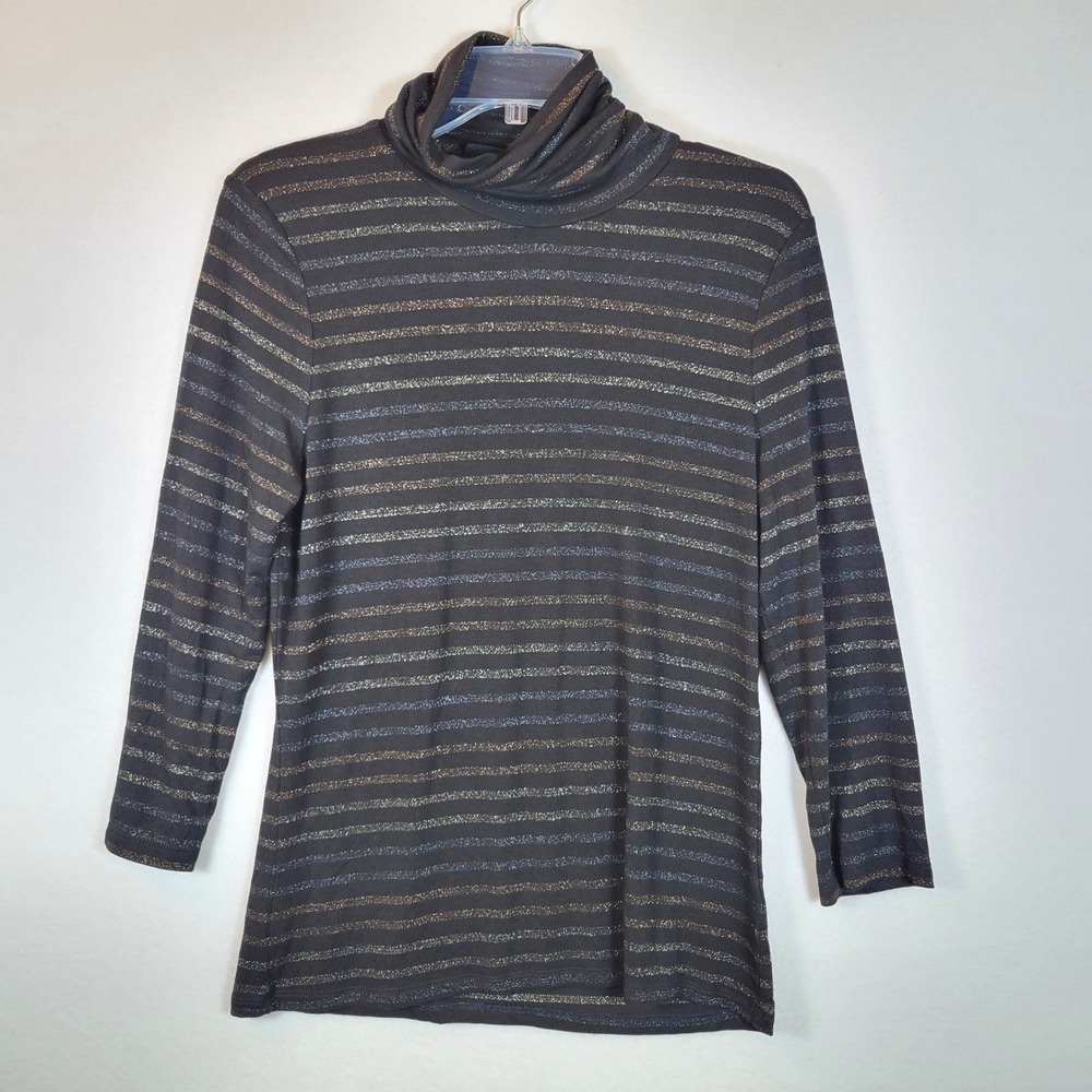 VERONICA BEARD JEANS Womens Striped Jersey Knit Turtleneck Top Size Medium Black